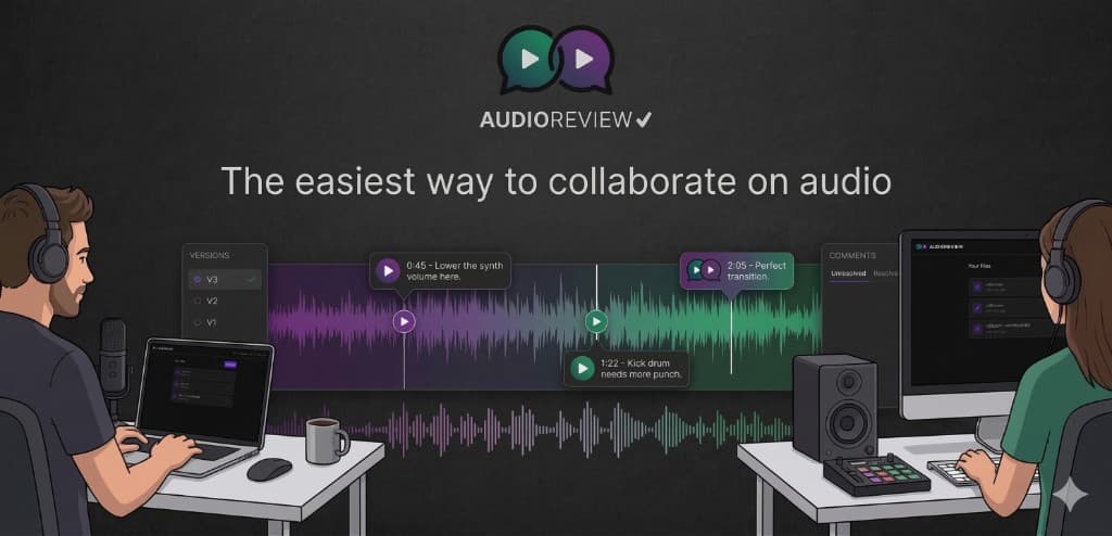 AudioReview: two people collaborating remotely with a shared waveform, timestamped comment pins, version history, and resolved comments